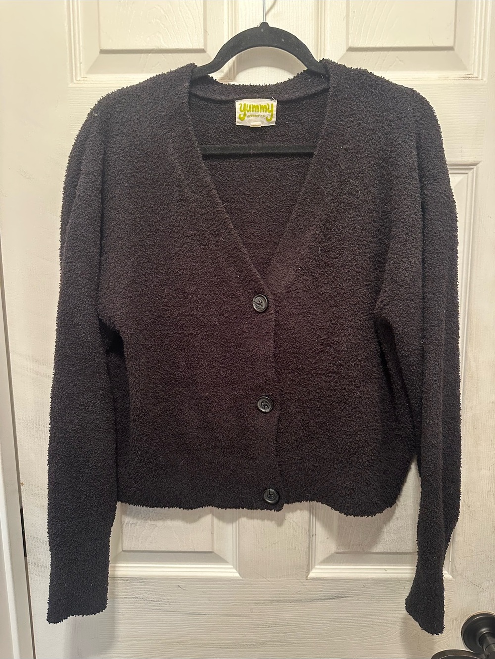 Women's Black Button-Front Fleece Texture Cozy Cardigan Sweater with V Neck Goth